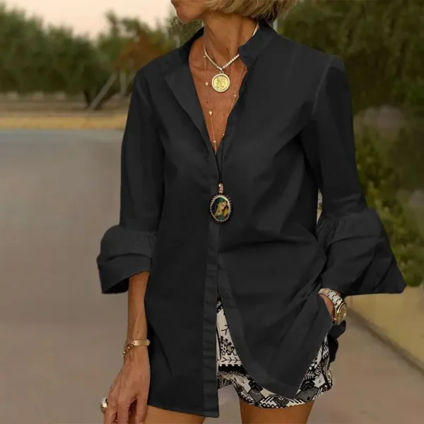 Temperament Office Solid Color Lapel Women Shirt Fashion Flare Long Sleeve Turn Down Collar V-Neck Single Breasted Elegant Shirt - Image 3