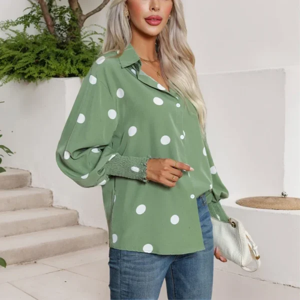 Korean Simple Light Green T-Shirts Fashion Elegant Ladies Office Turn Down Collar Lantern Sleeve Button Women Clothes Blouses - Image 3