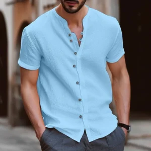 2024 Hawaiian Fashion retro loose urban cotton and linen button-down casual short-sleeved stand-up collar men's shirt