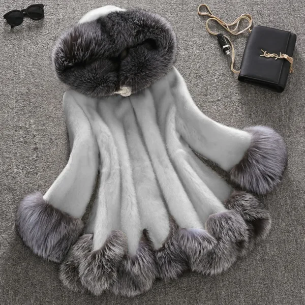 Autumn Winter Fur Women's Jacket Coat High Street Solid Color Imitation Fur Splicing Long Sleeve Belt One Button Hooded Jacket - Image 5
