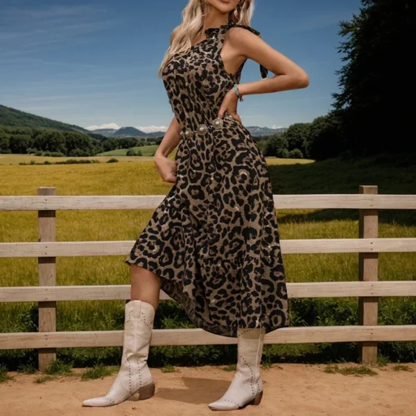American Retro Long Dress Fashion Trend Sleeveless One-Shoulder Leace-up Waist Leopard Print Pullover A-Line Dress for Women - Image 4