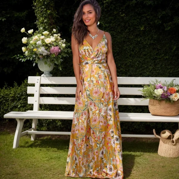 Summer Beach Sundress Women Fashion Sleeveless Sling V-Neck Print Floral Higt Waist Long Dress Temperament Elegant Dress Vestido - Image 4