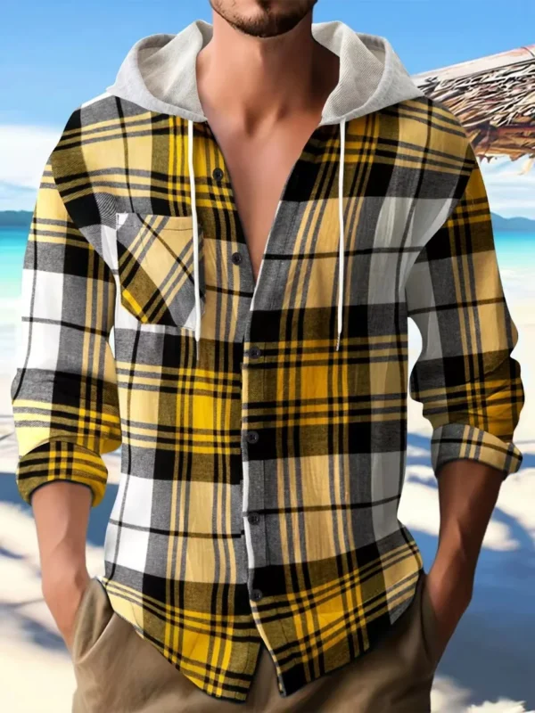 Spring and autumn flannel large size senior comfortable plaid shirt shirt long sleeve hooded street casual men's hoodie coat - Image 5