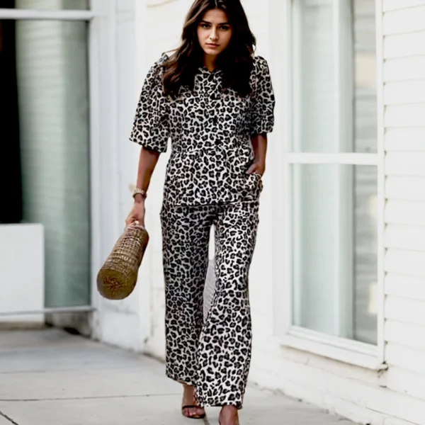 Summer Half Sleeve Button Shirt Two Piece Set Vintage Cozy Leopard Print Crew Neck Top And Elastic Waist Straight Pants Suits - Image 3