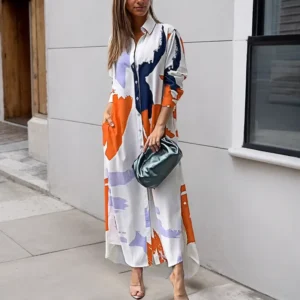 Summer New Womenes Turn-Down Collar Commuter Shirt Dresses Fashion Casual Single-Breasted Button Print Pocket Loose Dresses