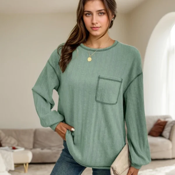 T-Shirt For Women Clothing Casual Solid Color Patchwork Pocket Round Neck Long Sleeved T-shirts Fashion Lady Knitwears Blouses - Image 3