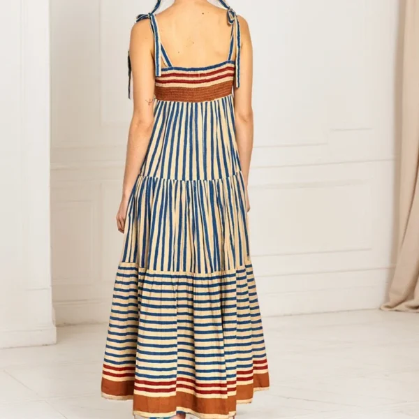 Summer Beach Style Long A-Line Dress Casual Sleeveless Print Stripe Contrast Color Square Leader Lace Up Sling Dresses For Women - Image 5