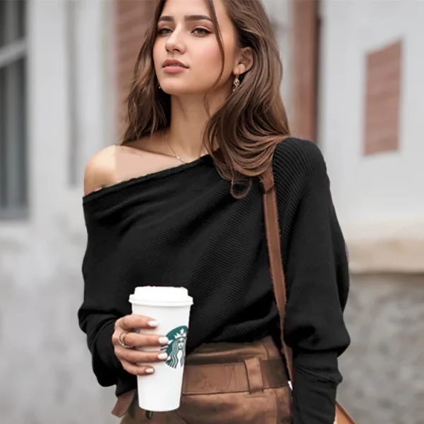 Sexy Off Shoulder Tops For Women Spring Autumn Loose Casual Solid Color Knitted Slash Neck Ribbed Dolman Sleeve Pullovers Blouse - Image 6